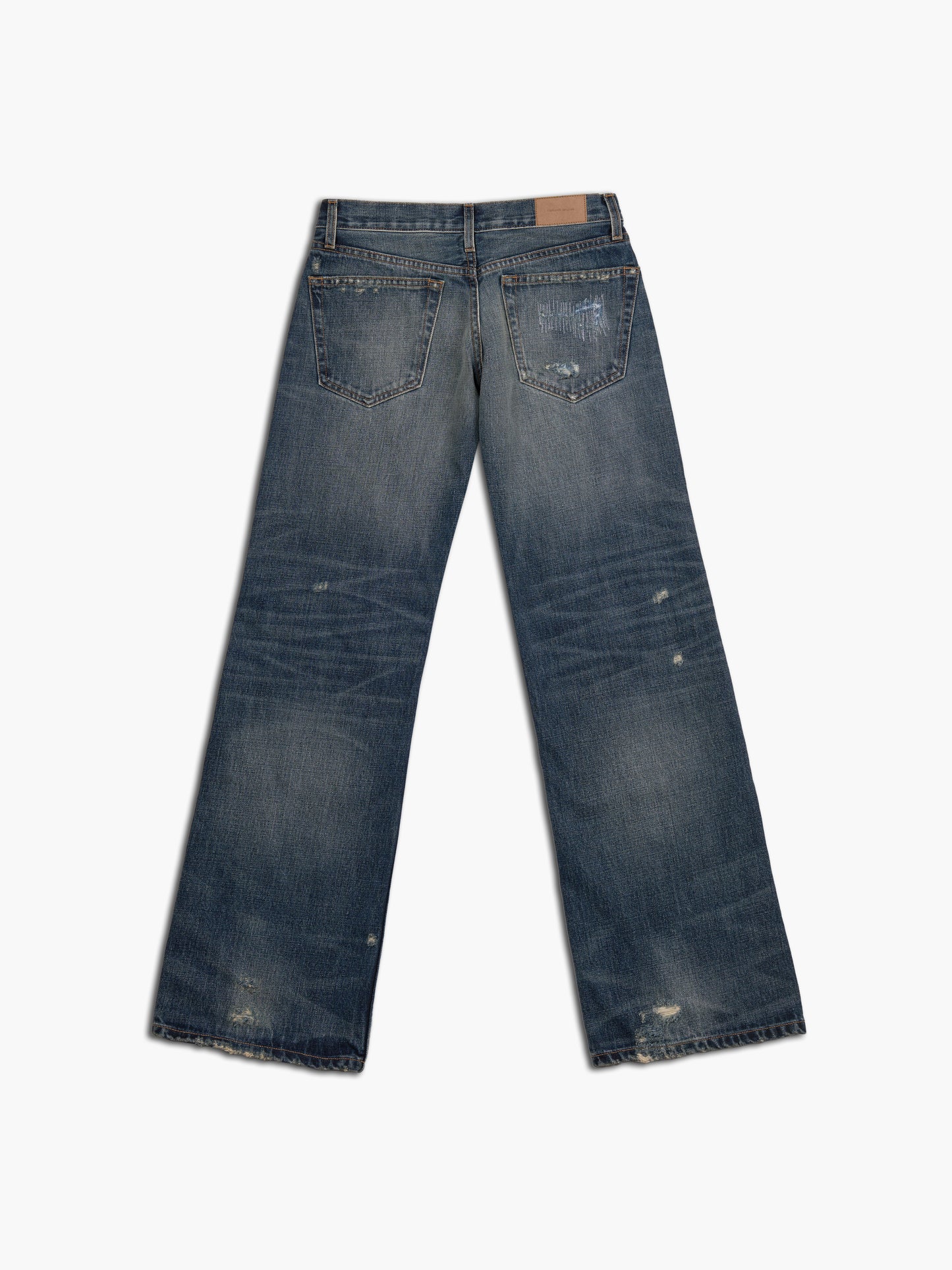 Men's bootcut jean in destroyed indigo, back view