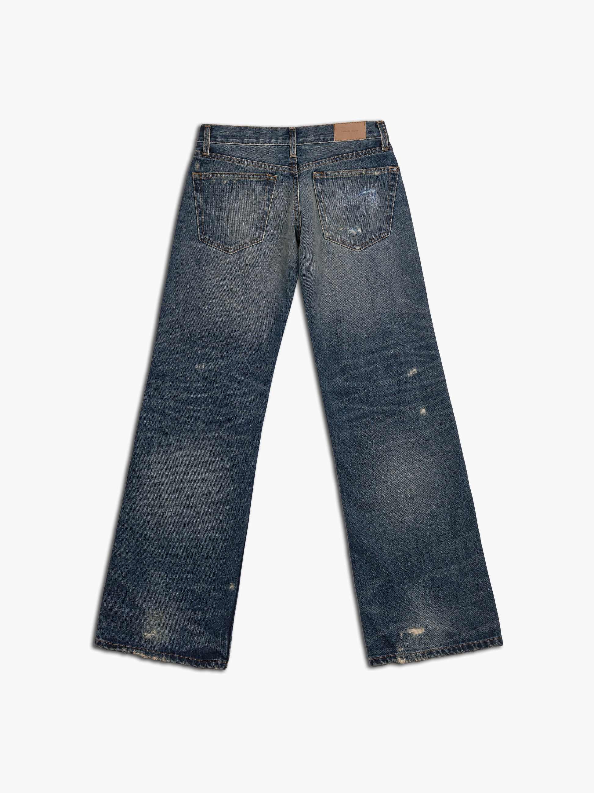 Men's bootcut jean in destroyed indigo, back view