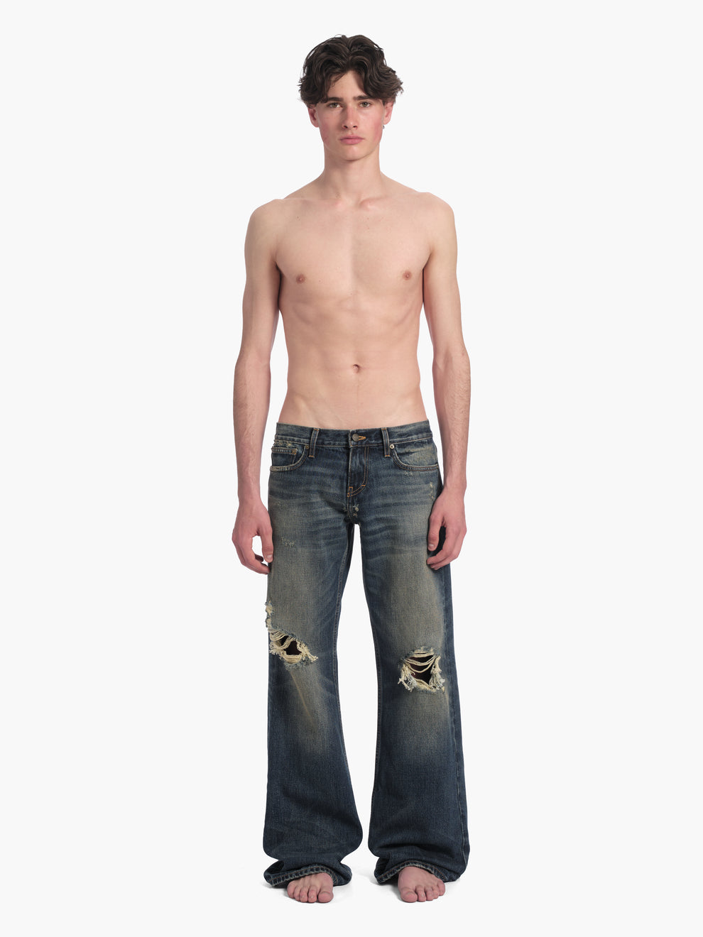 men's bootcut jean in destroyed indigo