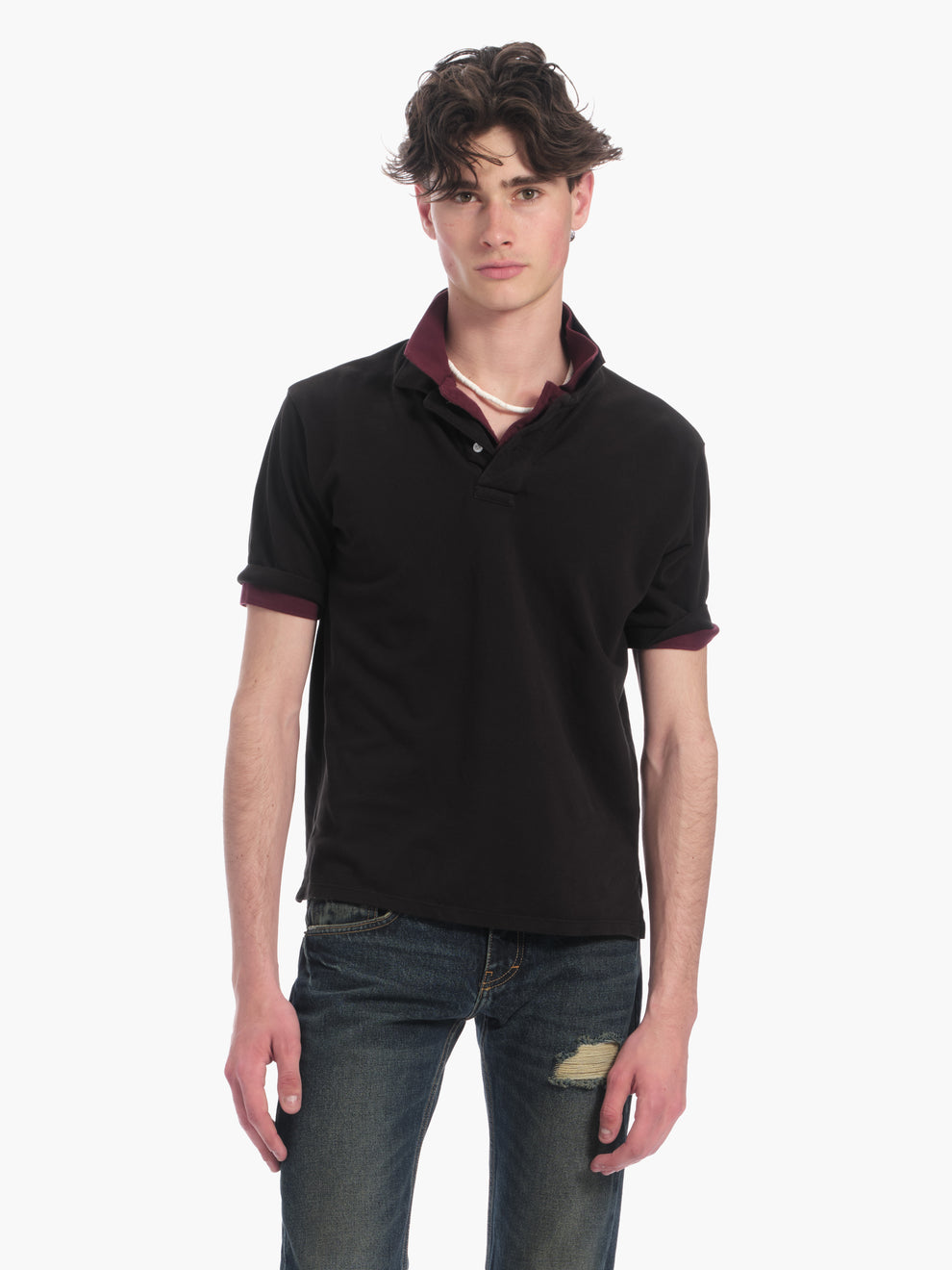 men's layered polo in black/burgundy