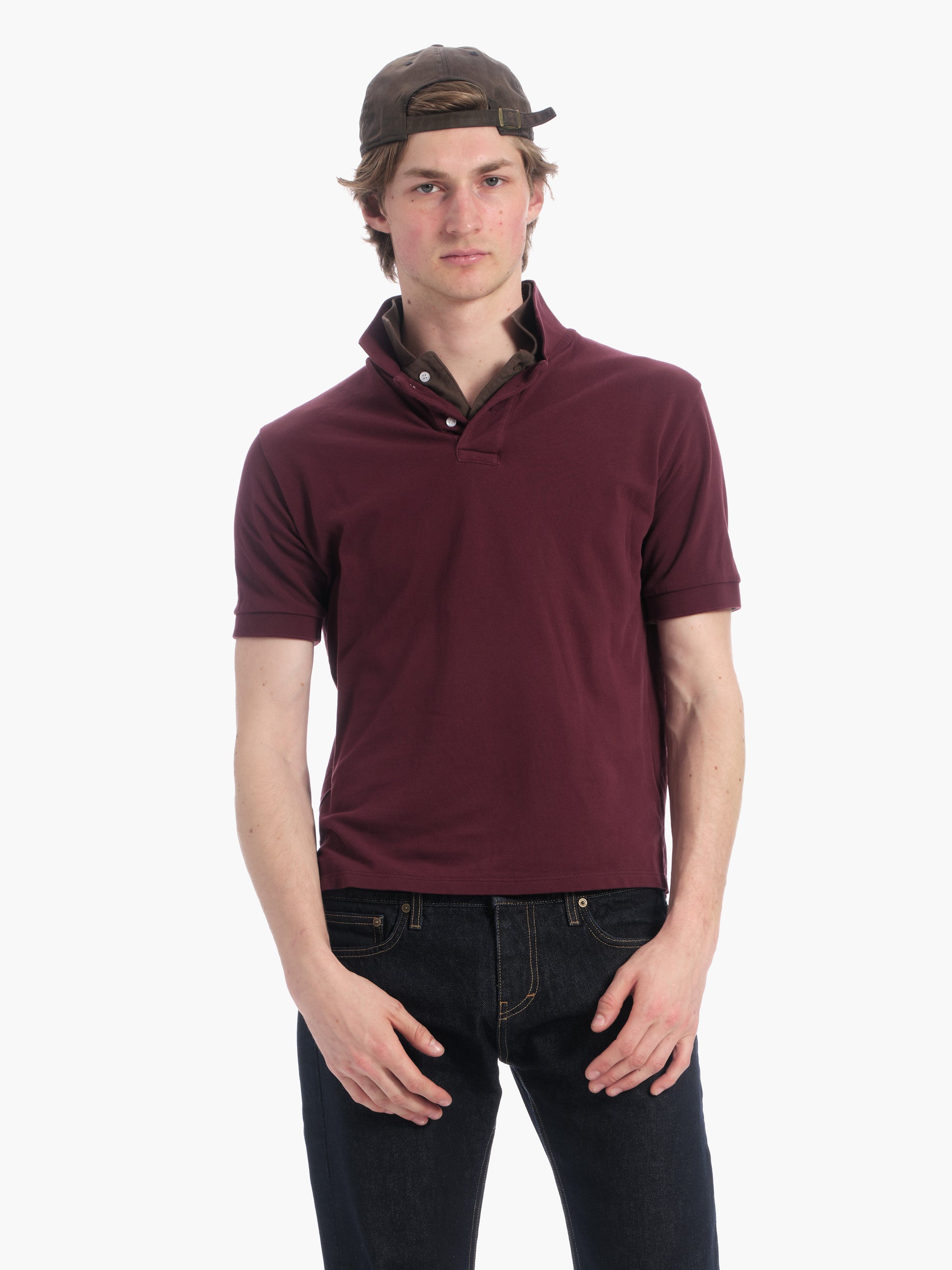 Men's layered polo in burgundy/brown