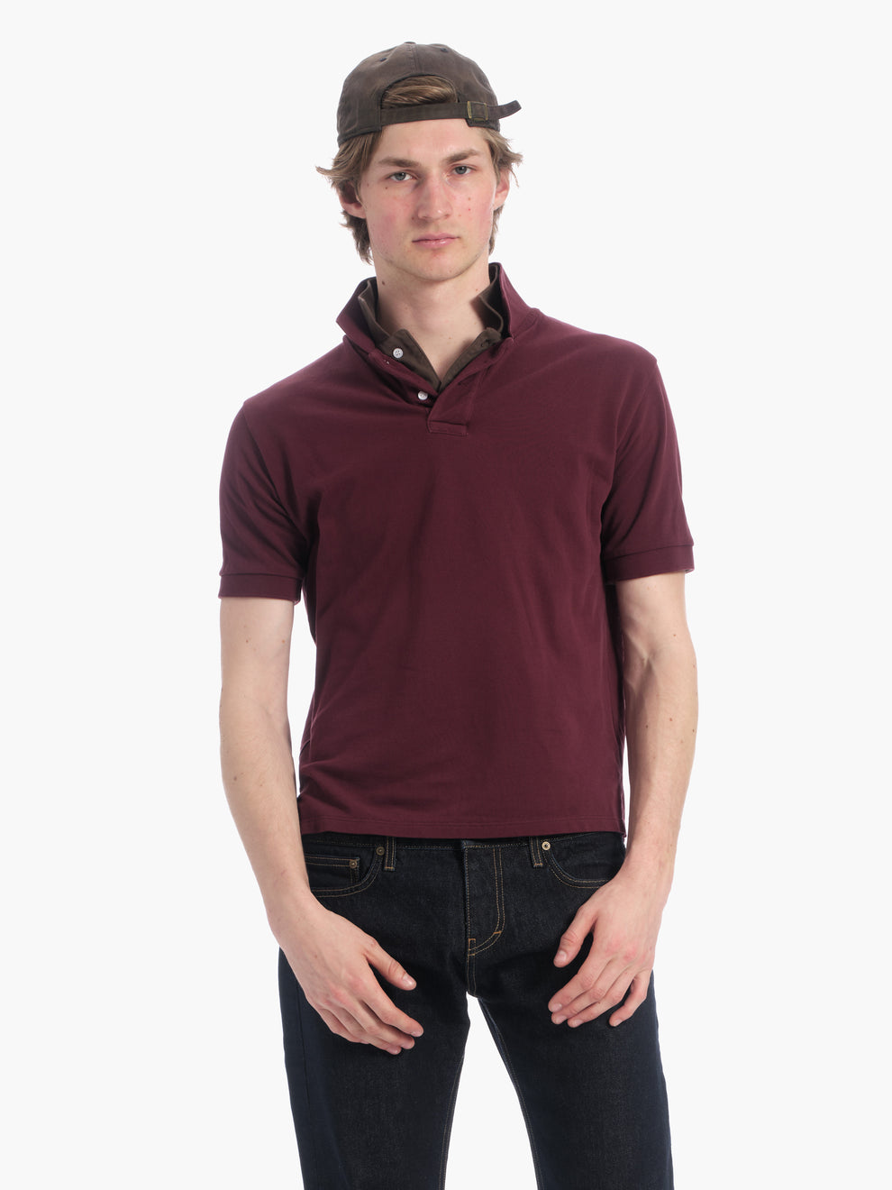 men's layered polo in burgundy/brown