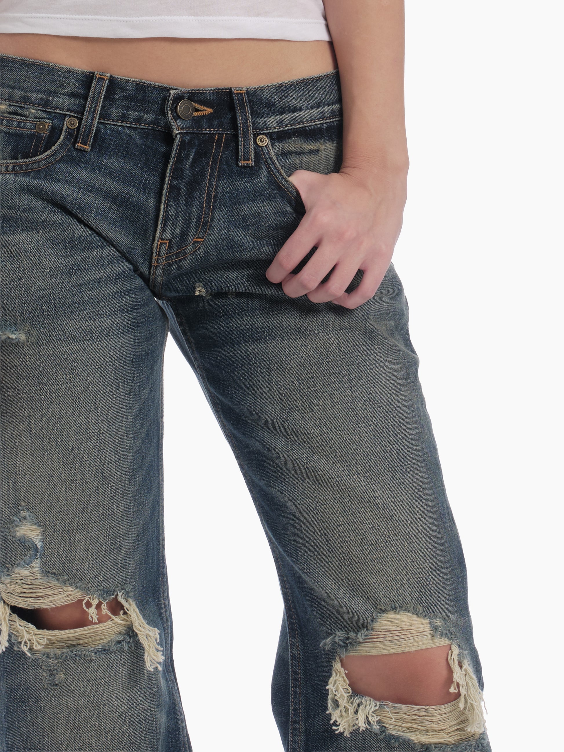 Women's bootcut jean in destroyed indigo