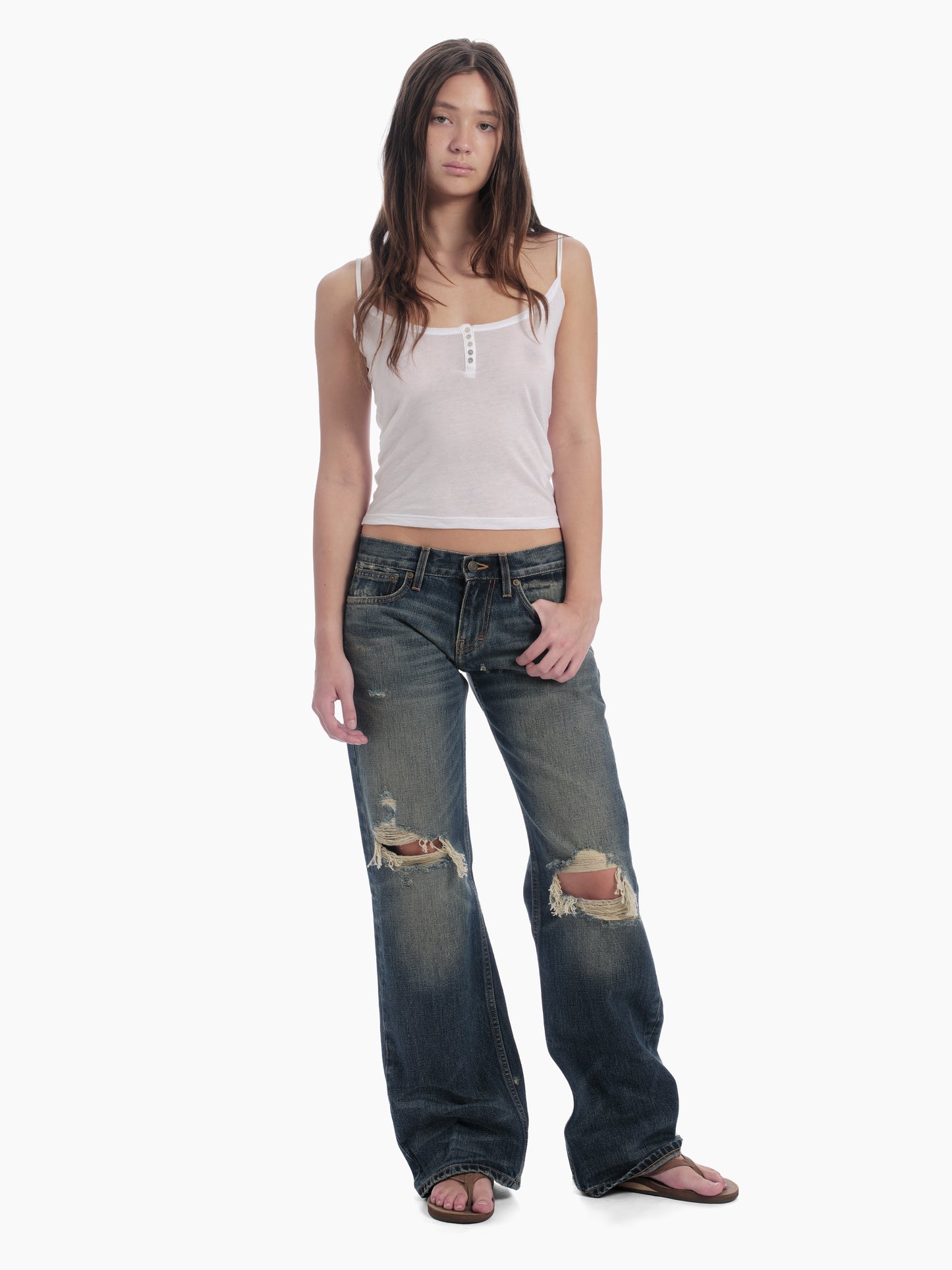 Women's bootcut jean in destroyed indigo
