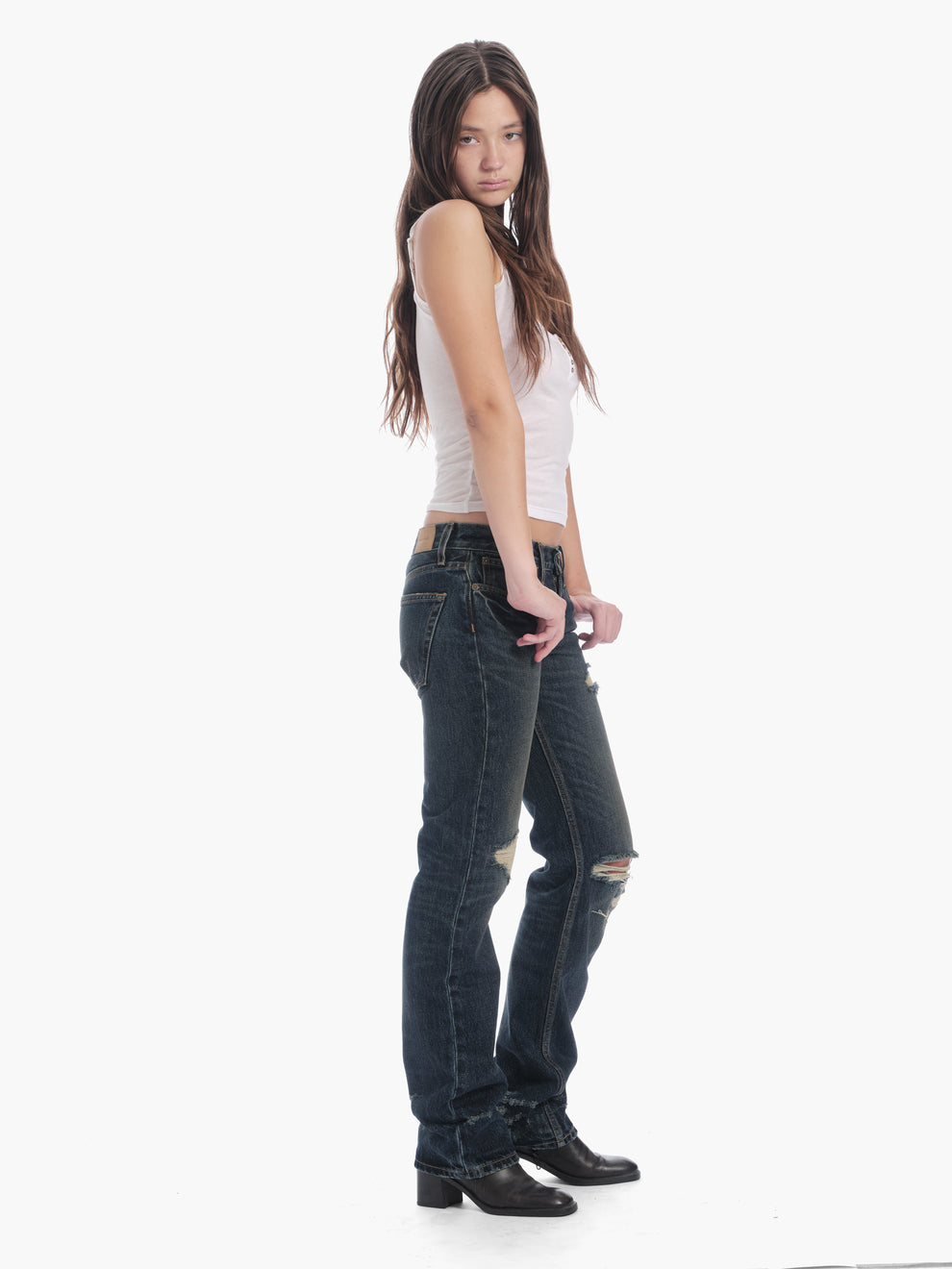 women's slim straight jean in destroyed indigo