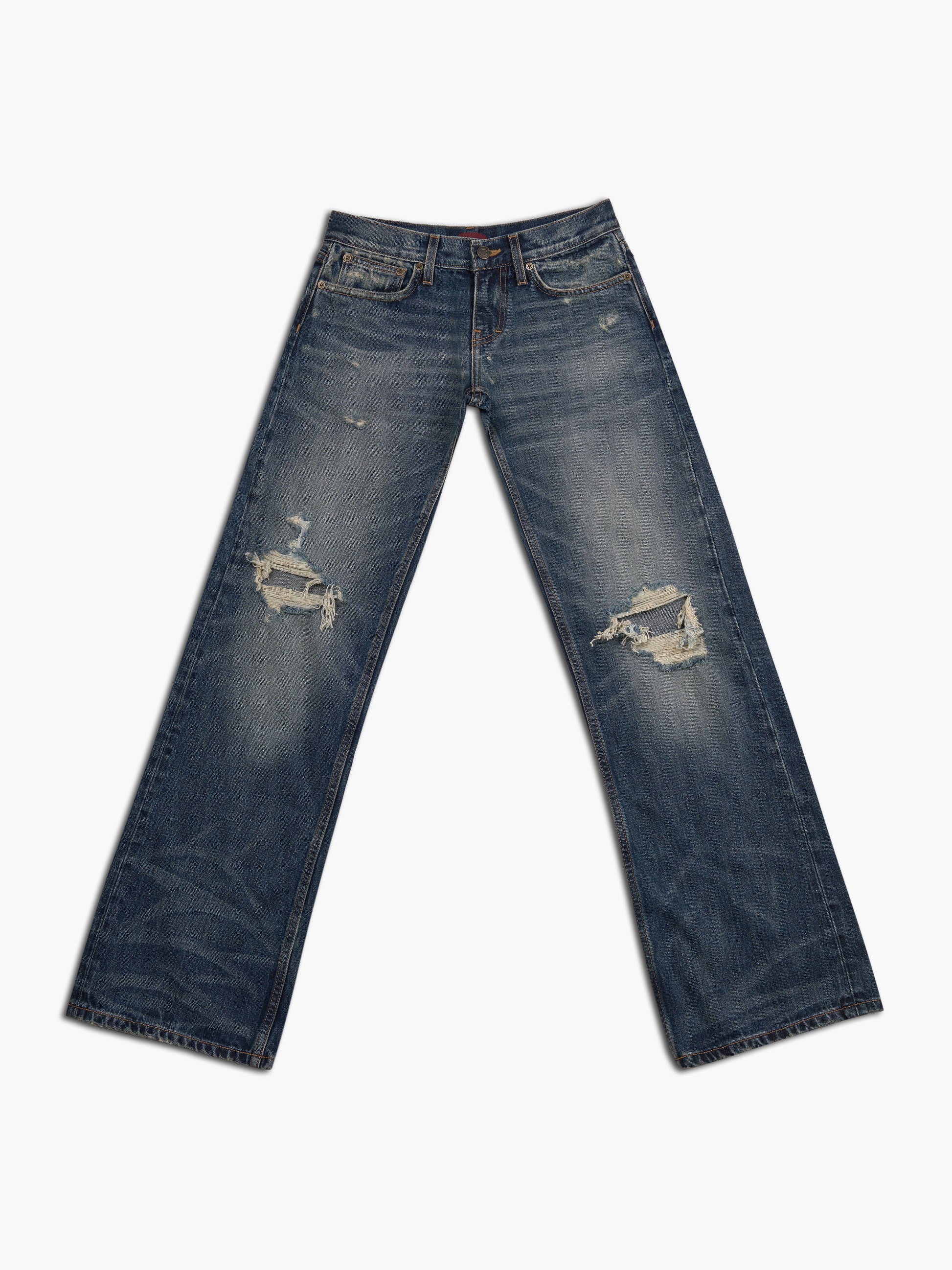 Men's bootcut jean in destroyed indigo, front view