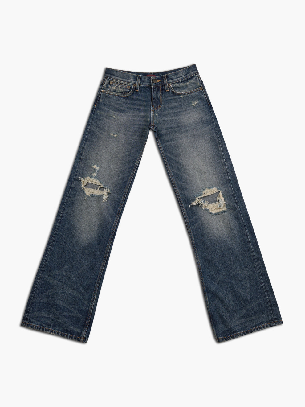 women's bootcut jean in destroyed indigo, front view