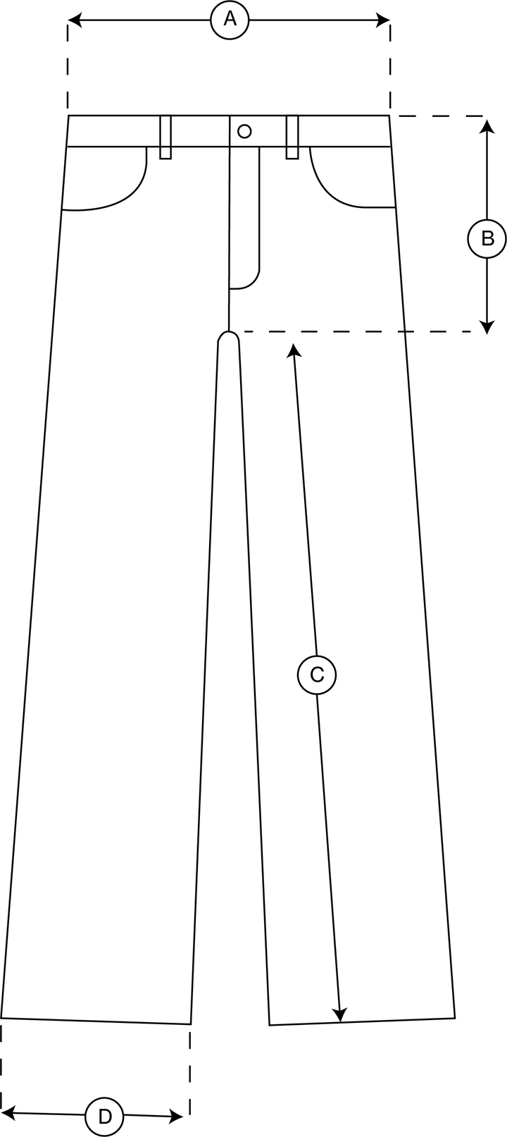 jean measurement diagram showing points a, b, c and d
