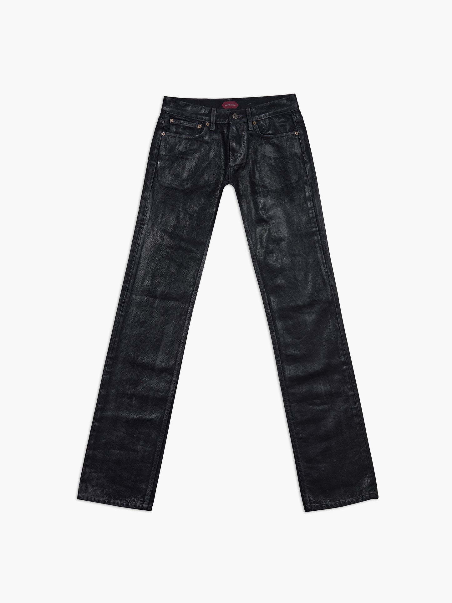 Men's slim straight jean in waxed black, front view