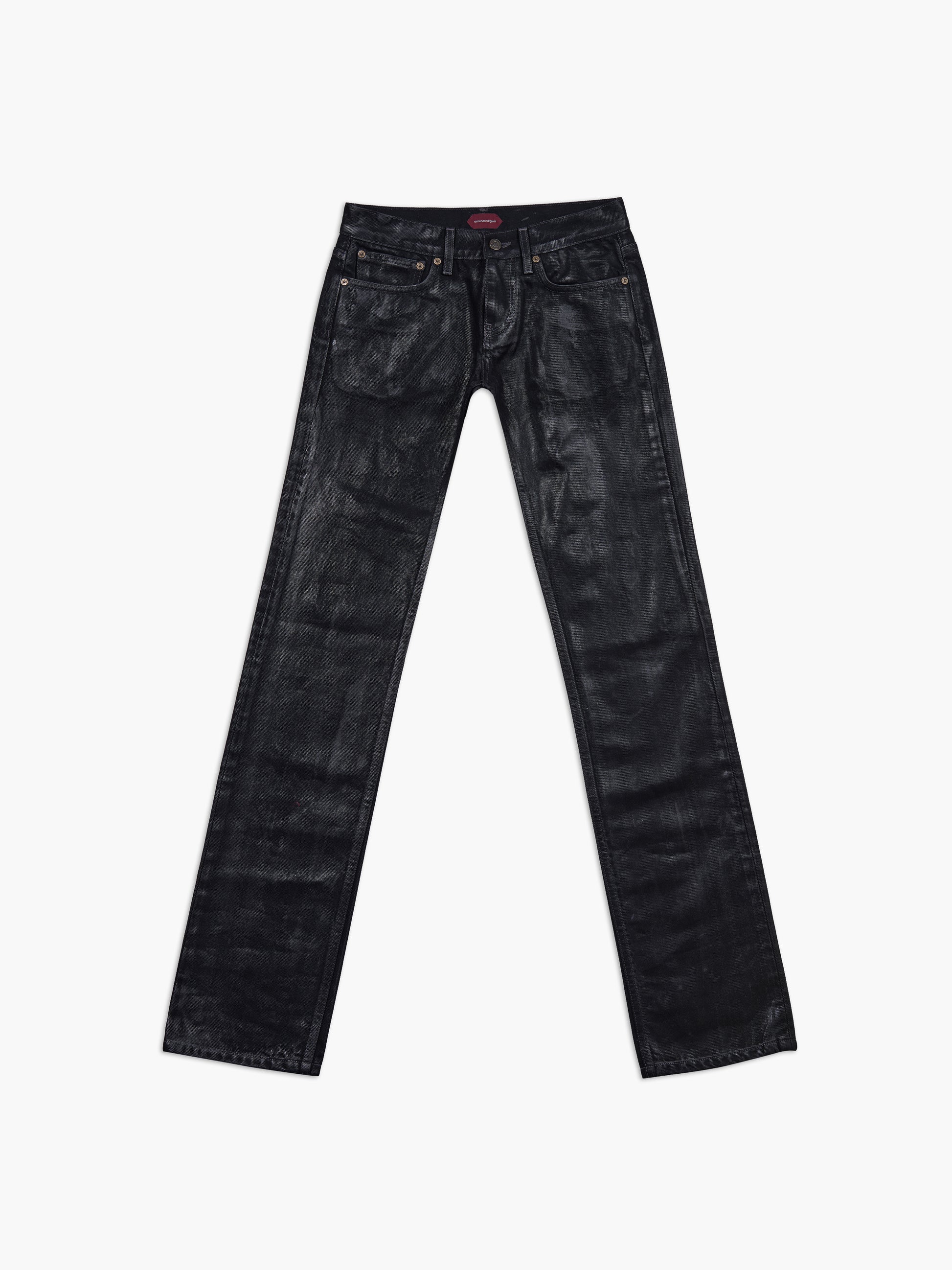Men's slim straight jean in waxed black, front view