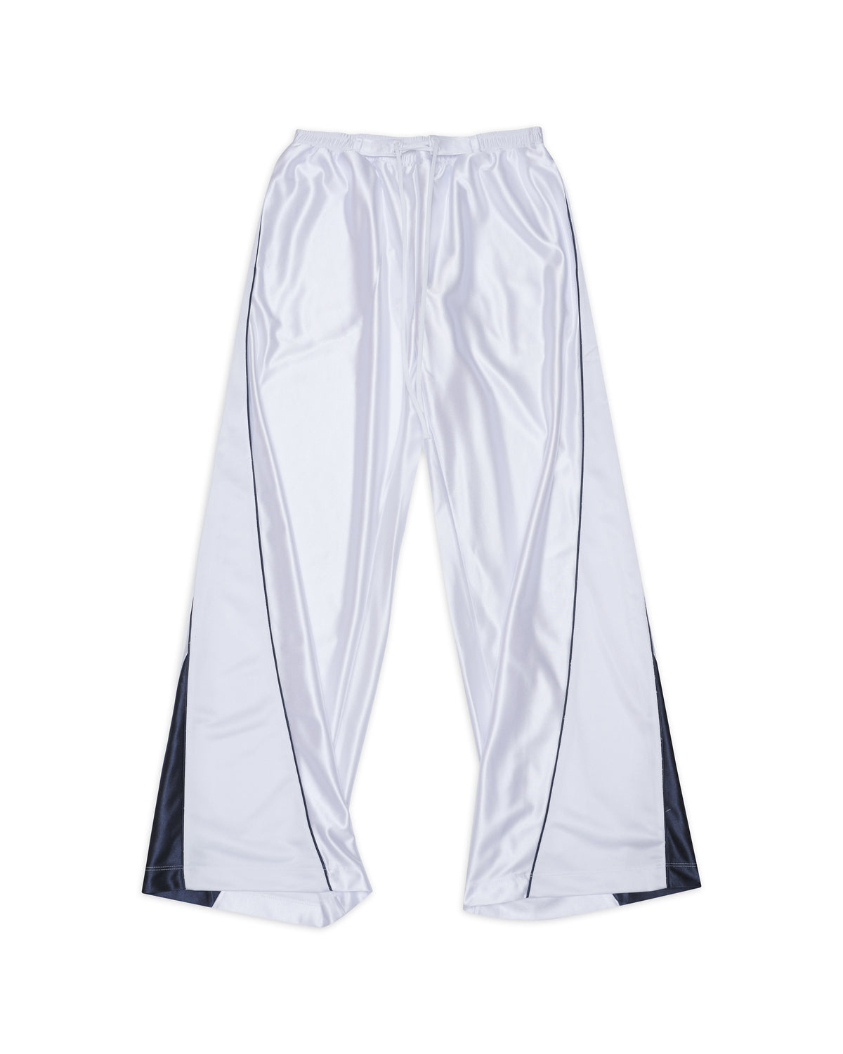 men's track pant in white satin tricot, front view