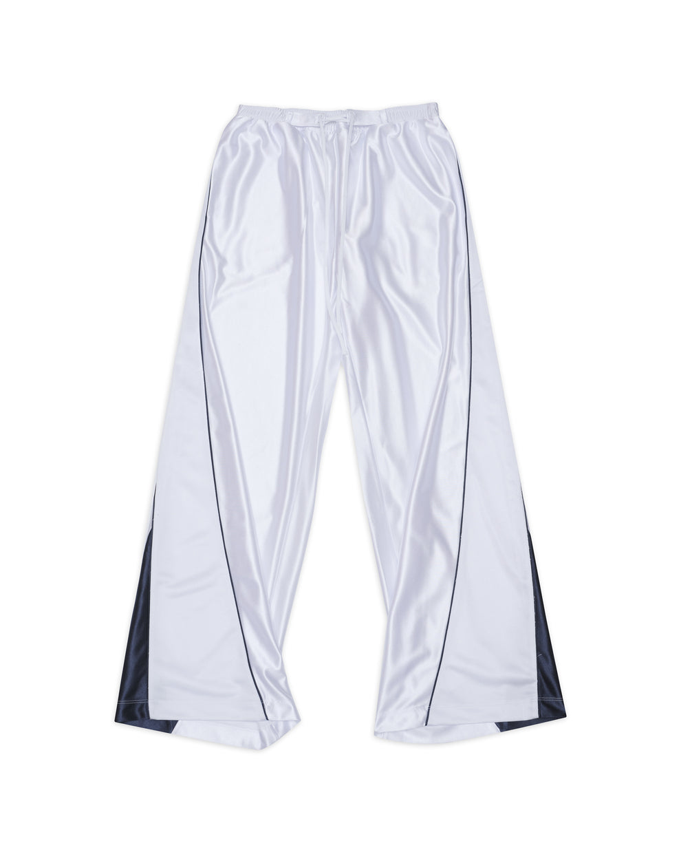 men's track pant in white satin tricot, front view
